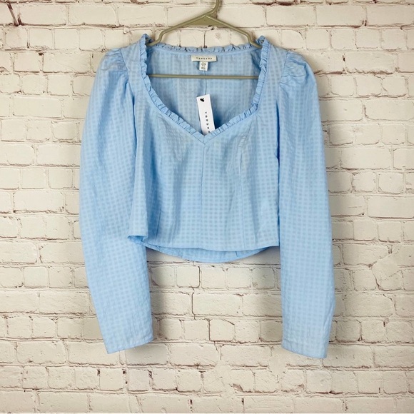 025 - TOPSHOP Light Blue Gingham
Sweetheart Neck Ruffle Puff Sleeve Crop Top 2 - Picture 3 of 12
